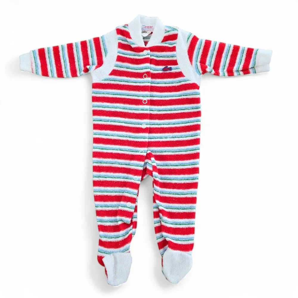 Vintage IZOD Lacoste Baby Footed Striped Terry Sleeper Red Blue Green 80s